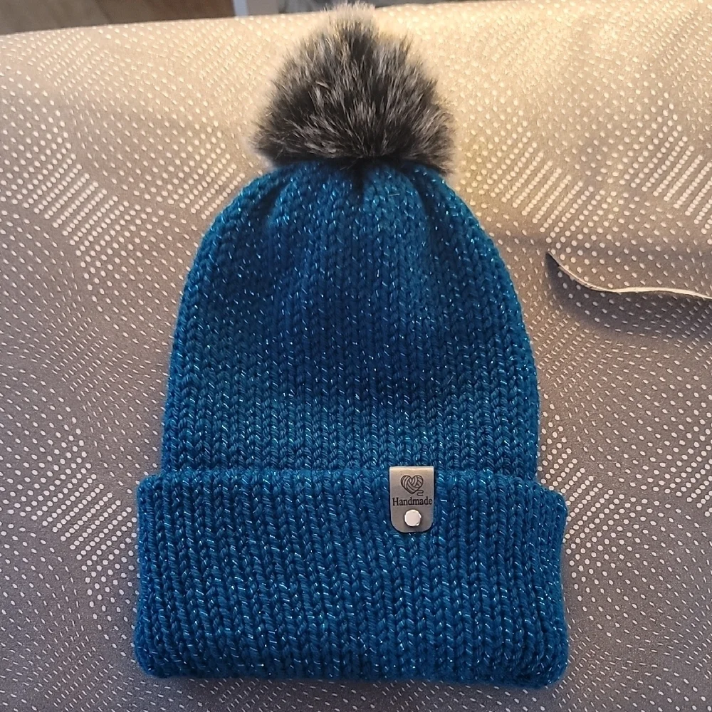 Blue Knit Beanie with Pom Pom